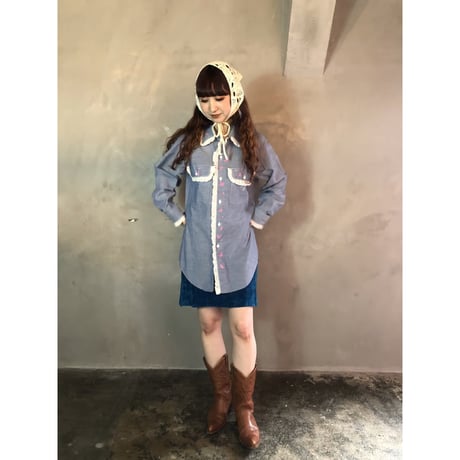 70s Butterfly paint chambray shirt【01292】