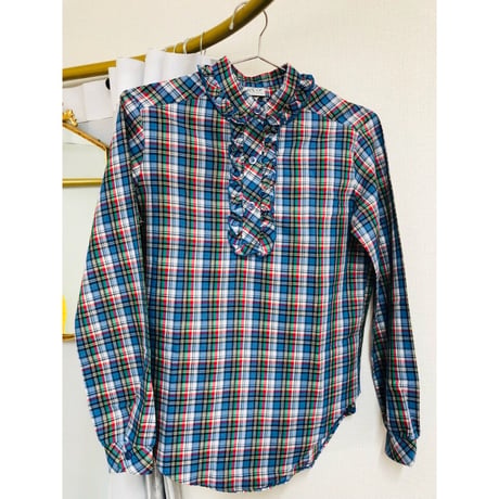 70s Blue plaid brouse【00896】