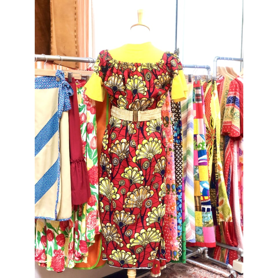 Red×Yellow African batik dress【01185】 | Vintage