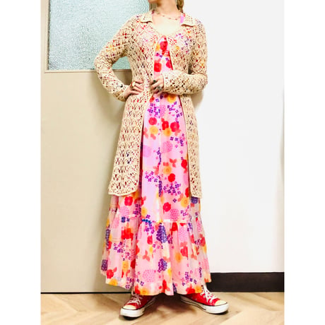 70s Biege crochet cardigan【00757】