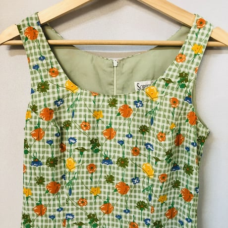 Vintage gingham×floral sleeveless dress【01202】