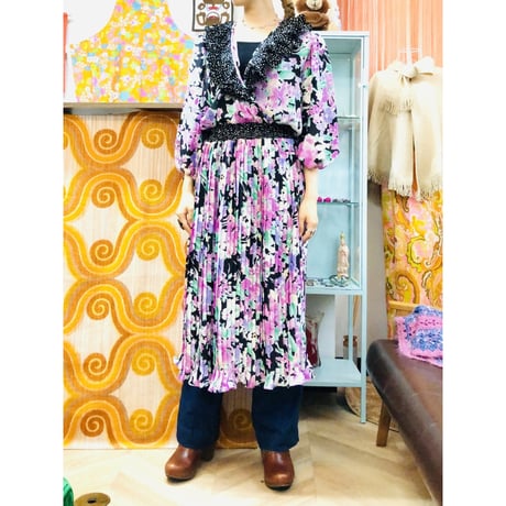 80s Floral ruffle dress 【01216】