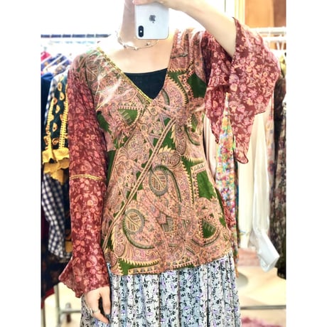 Vintage flare sleeve silk top【01198】