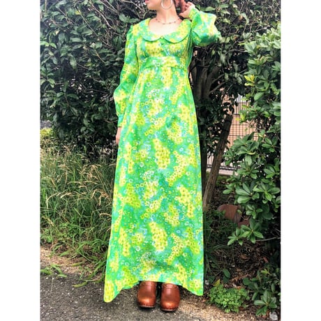 70s Lime green ｍaxi dress【00397】