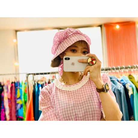 70s Purple gingham maxi dress with bonnet【00926】