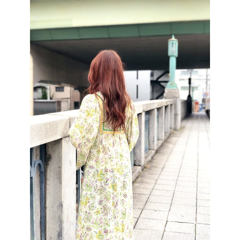 70s Floral flare sleeve maxi dress【01076】 | Vin 