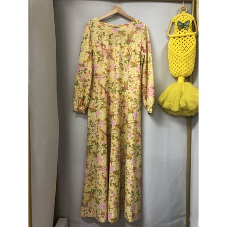 70s yellow floral maxi dress【00834】