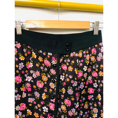 70s Black floral quilted maxi skirt【01081】