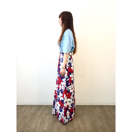 70s Navy floral maxi skirt【01317】