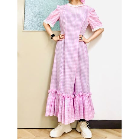 70s Purple gingham maxi dress with bonnet【00926】
