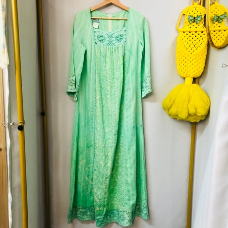 70s Green piece dyed dress【01105】