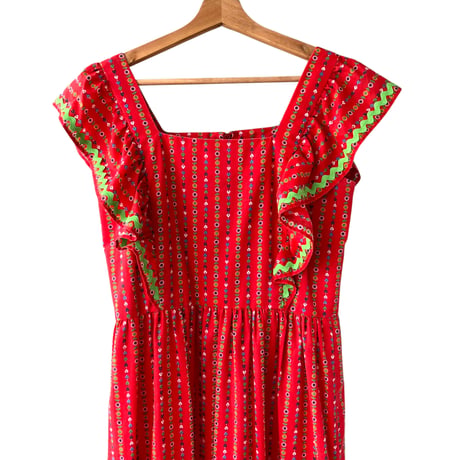 70s Red floral maxi dress【01314】