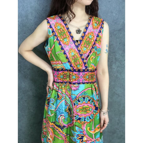 70s Paisley sleeveless maxi dress【01449】