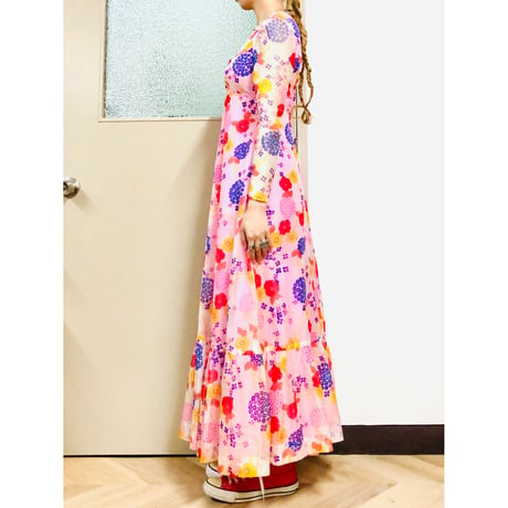 70s Hawaiian sheer maxi dress【00830】