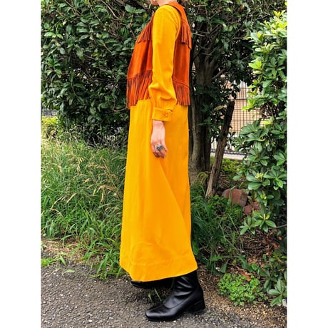 60s Handmade yellow maxi dress【00394】