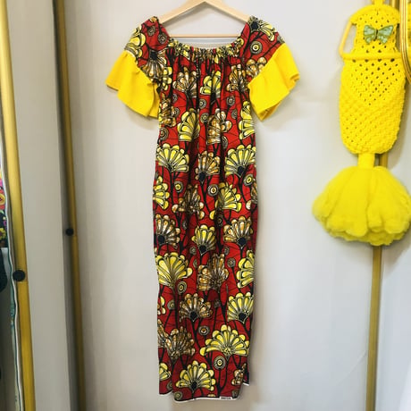 Red×Yellow African batik dress【01185】