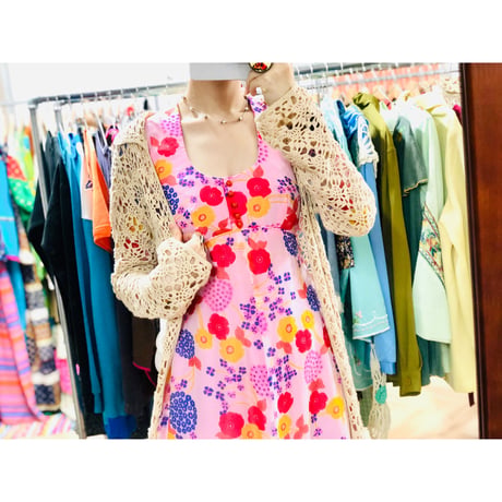 70s Biege crochet cardigan【00757】