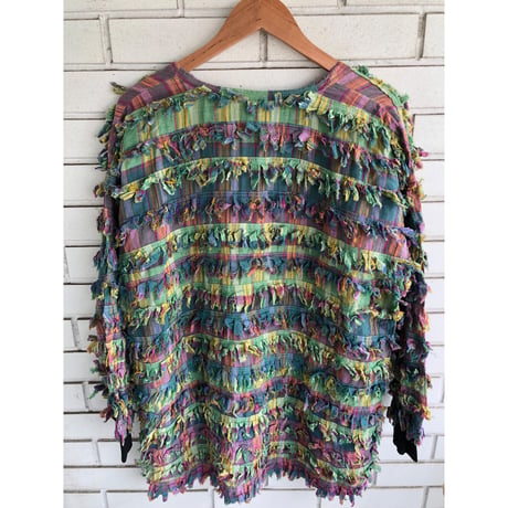 90s Green plaid fringe jacket【01325】