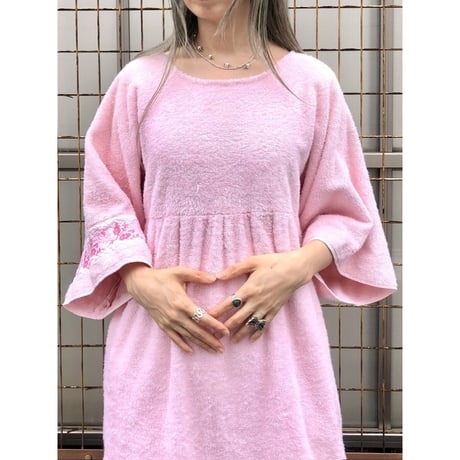 70s Pink pile maxi dress【01428】