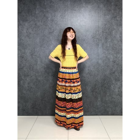 70s Orange floral maxi skirt【01452】