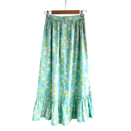 70s Light blue floral maxi skirt【01319】