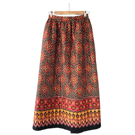60s Orange floral quilted maxi skirt【01426】