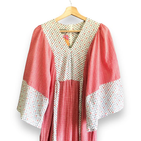 70s Gingham & Floral hippie maxi dress【01382】
