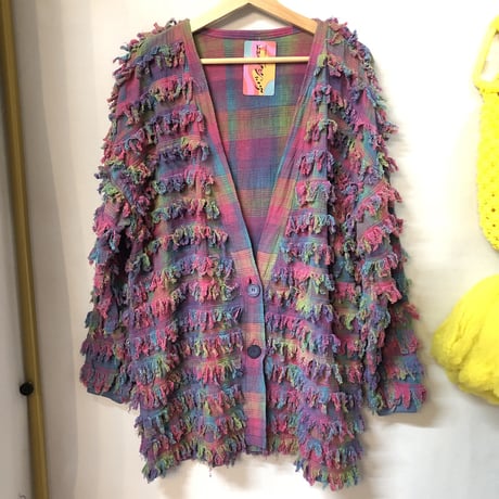 80-90s Pink plaid fringe jacket【01258】