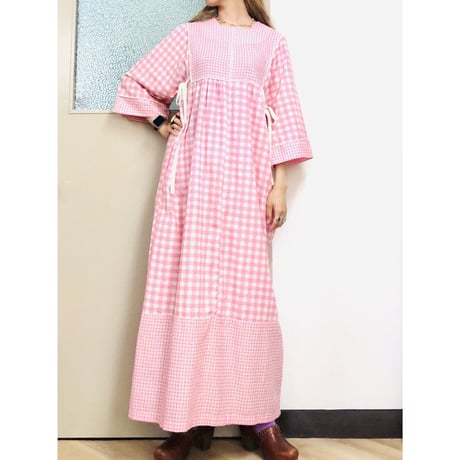 Vintage pink gingham maxi dress【01001】
