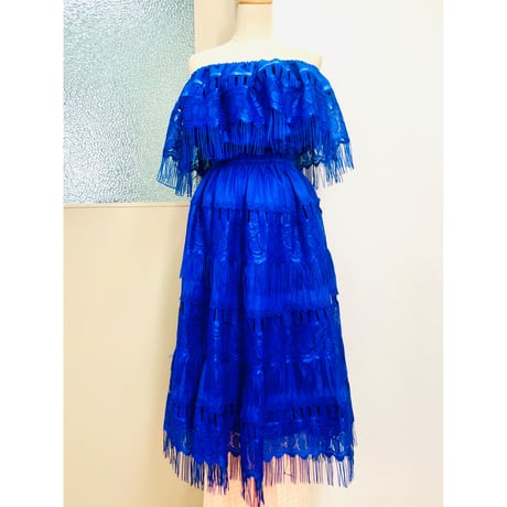 70s Blue mexican dress【00694】