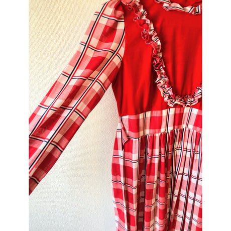 70s Gingham prairie style maxi dress【00467】