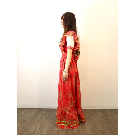 70s Red floral maxi dress【01314】