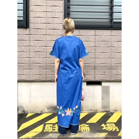 70s Blue embroidery dress【01493】