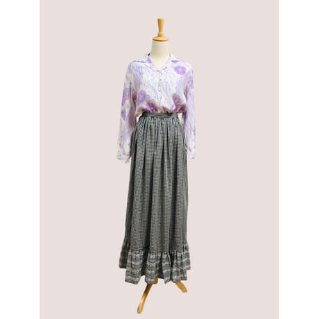 70s Black gingham maxi skirt【00598】