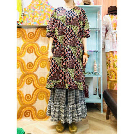 Orange×Yellow African batik dress【01188】