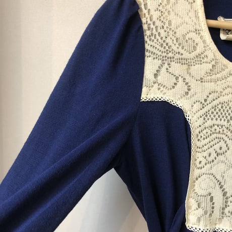 70s Navy prairie maxi dress【01224】