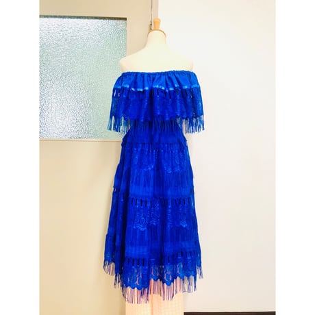 70s Blue mexican dress【00694】