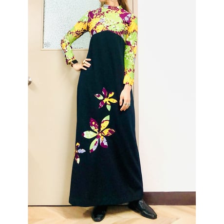 70s Flower maxi dress【00873】