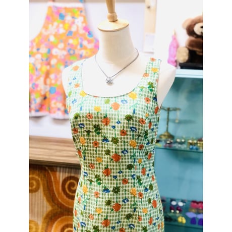 Vintage gingham×floral sleeveless dress【01202】