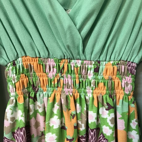 70s Green and floral maxi dress【01229】