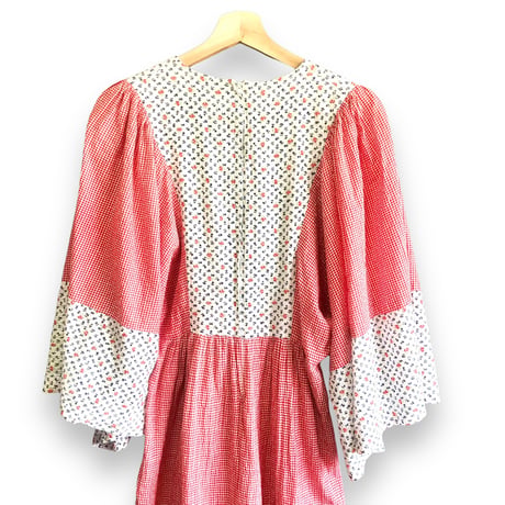 70s Gingham & Floral hippie maxi dress【01382】