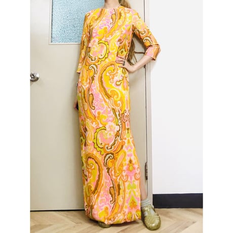 Orange psychedelic maxi dress【00717】