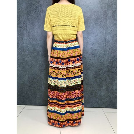 70s Orange floral maxi skirt【01452】