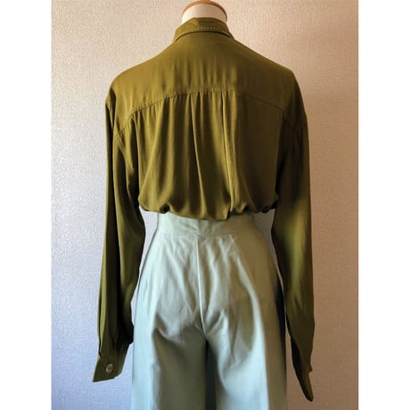 80s Green rayon blouse【00427】