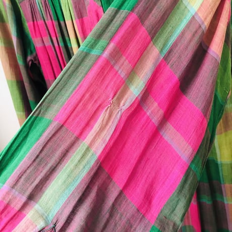 70s Plaid indian cotton dress【00627】