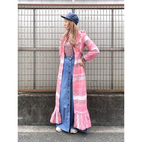 70s SEARS Quilted pink dress / gown【01404】