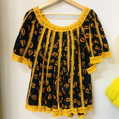 Vintage Black×Orange african batik tunic【01189】