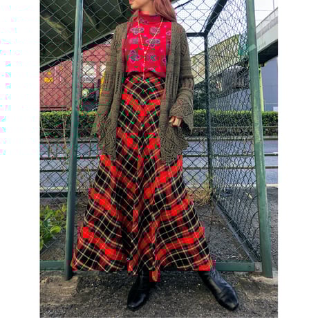 70s Plaid wool maxi skirt【00452】
