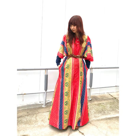 70s Red maxi dress【01075】