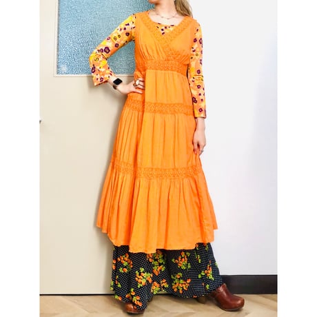 Orange cotton long dress【00699】